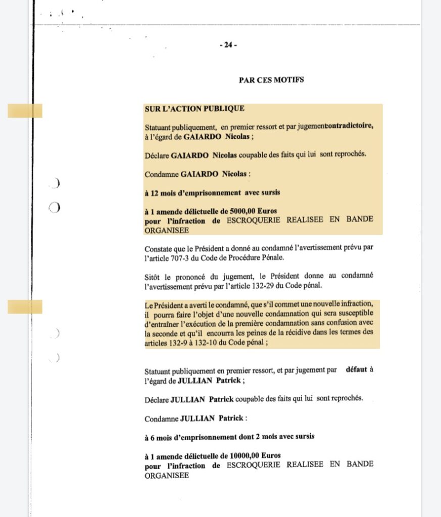 Extrait officiel du jugement de justice prononçant la condamnation pour escroquerie en bande organisée